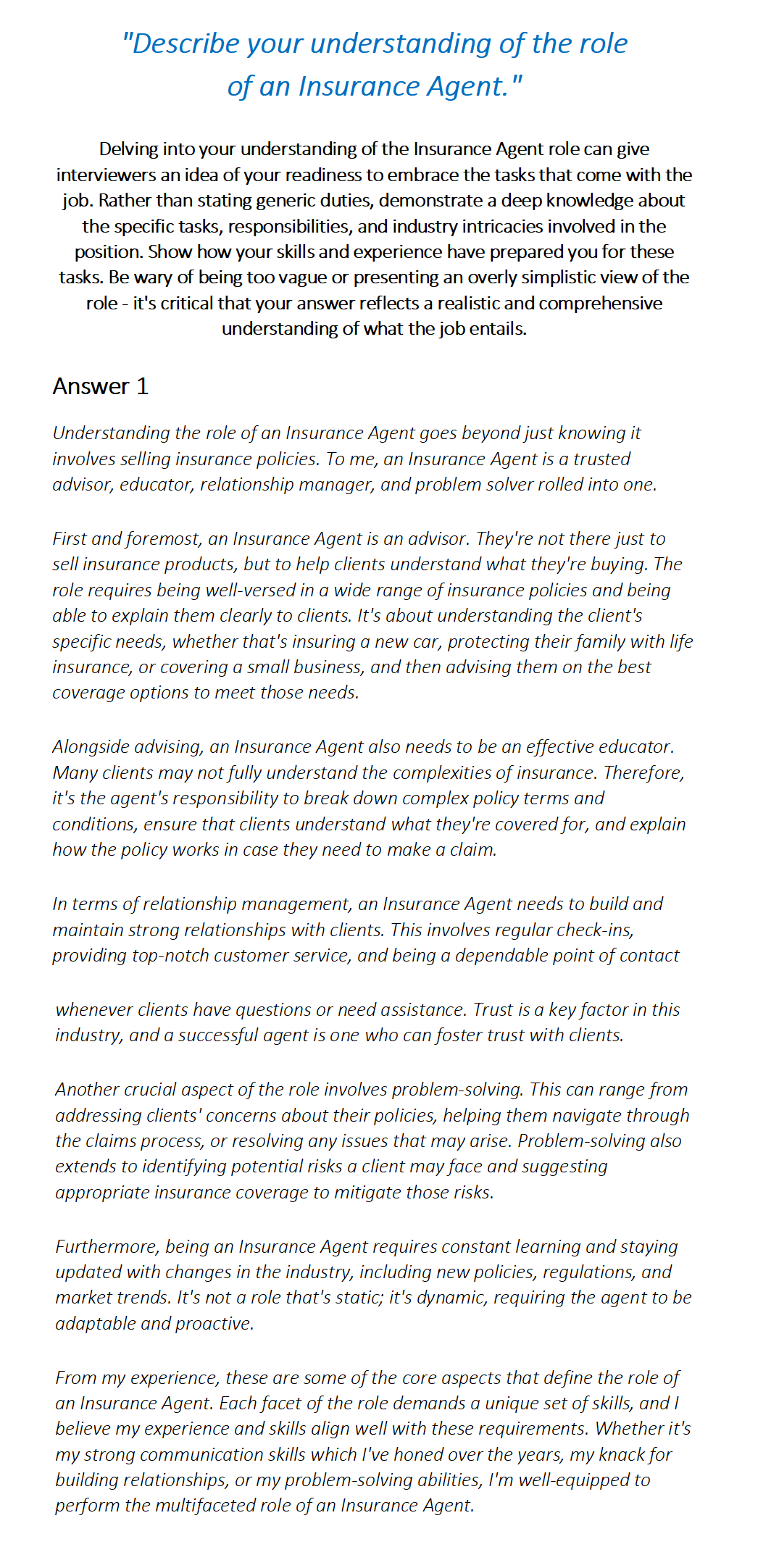 Insurance Agent Interview Questions & Answers