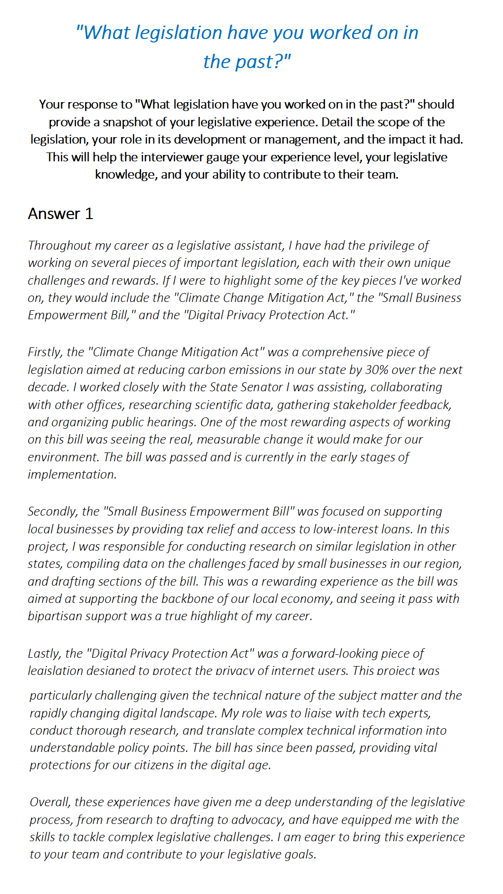 Legislative Assistant Interview Questions & Answers