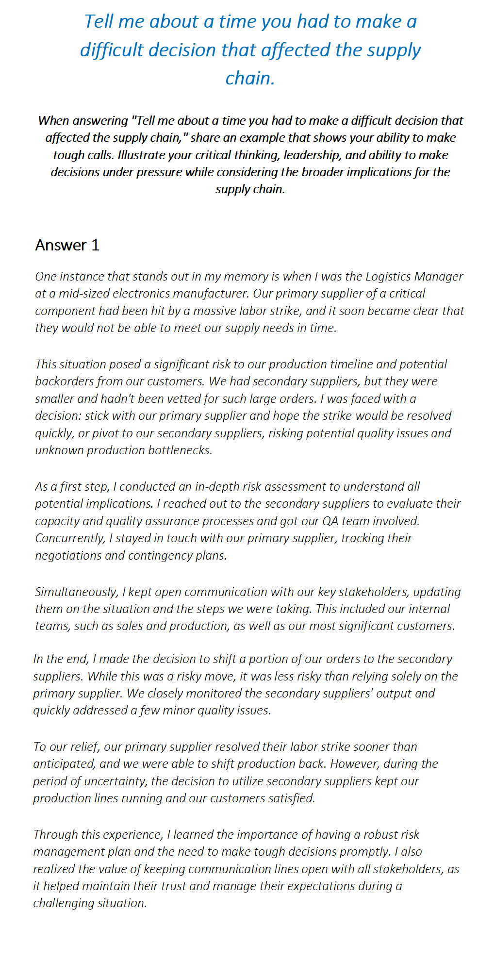 Logistics Manager Interview Questions & Answers