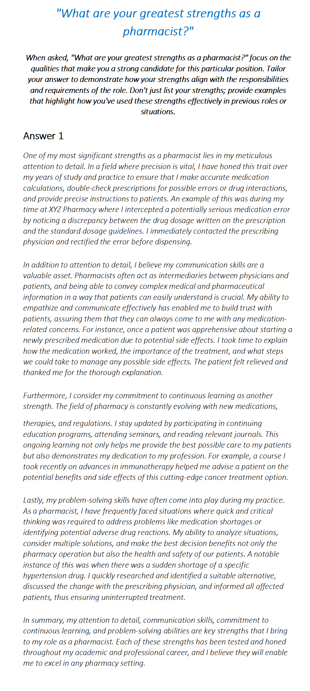 Pharmacist Interview Questions & Answers