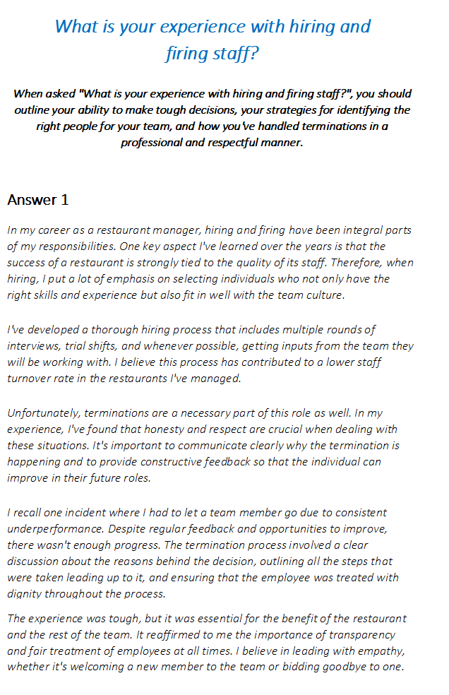 Restaurant Manager Interview Questions & Answers